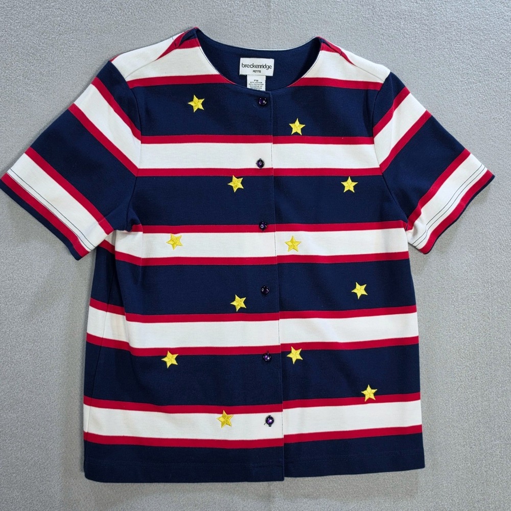 Vintage Breckenridge Americana Preppy Star Striped Short Sleeve Cardigan PM Blue